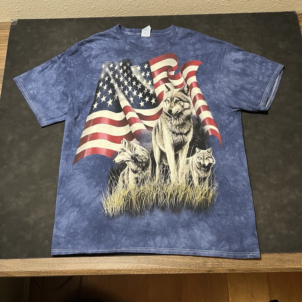 Vintage The Mountain Wolf Shirt Eagle Patriot USA Flag Tie Dye Hippie Patriot